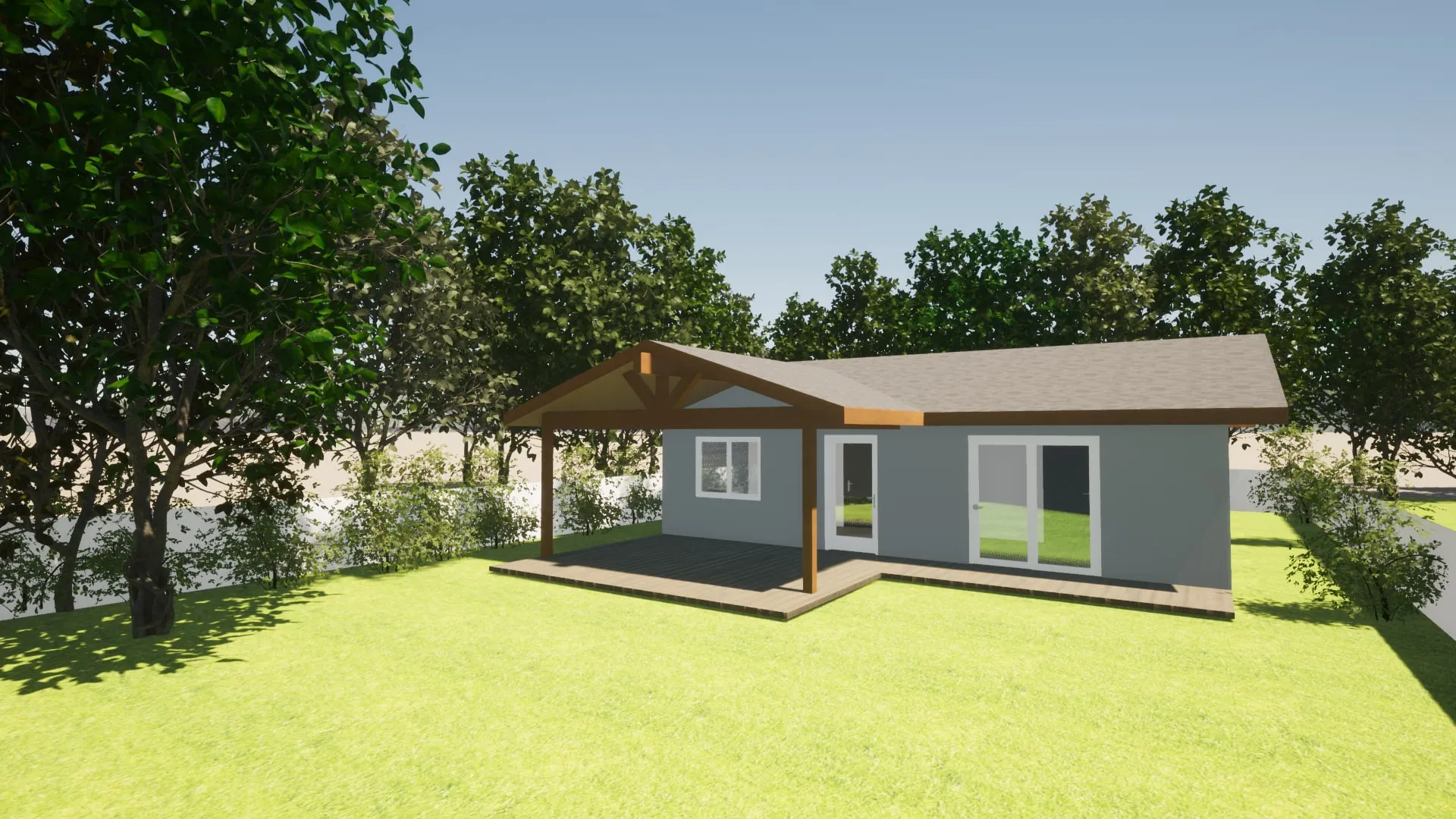 Design rendering of a detached accessory dwelling unit with horizontal siding, a gable roof and a timber deck.