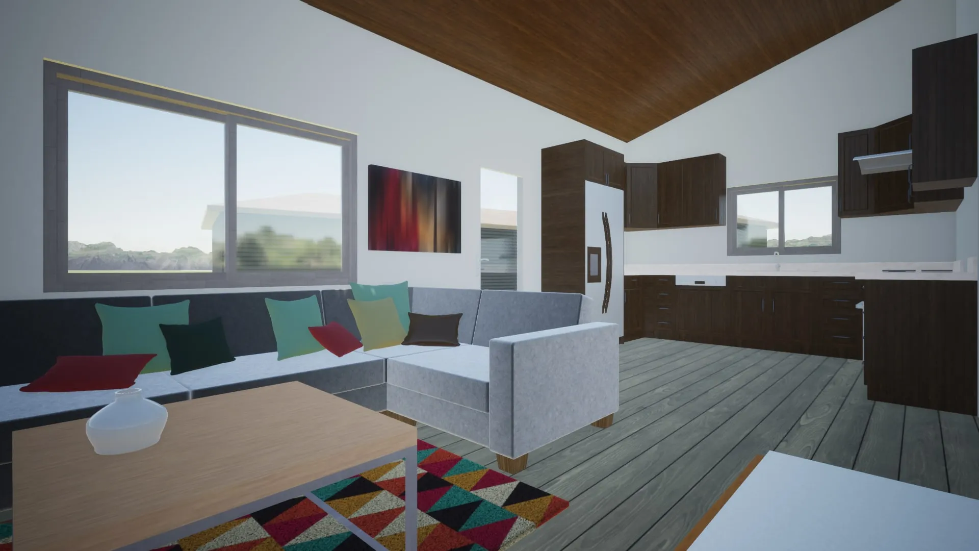 Design rendering of an open-plan ADU interior with a vaulted timber ceiling, a kitchen run along the right wall and a corner sofa under a wide window.
